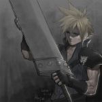  1boy artist_name black_gloves blonde_hair blue_eyes buster_sword cloud_strife dated final_fantasy final_fantasy_vii final_fantasy_vii_advent_children fingerless_gloves gloves haje holding holding_sword holding_weapon male_focus muscle scar_on_cheek shoulder_pads signature solo sword upper_body weapon 