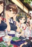  4girls :d ^_^ ahoge akagi_(kantai_collection) artist_name bespectacled black_hair black_legwear blue_eyes blurry blush boots breasts brown_eyes brown_hair closed_eyes depth_of_field eating food glasses hairband hakama_skirt headgear highres ice_cream kaga_(kantai_collection) kantai_collection kirishima_(kantai_collection) kongou_(kantai_collection) large_breasts looking_at_viewer multiple_girls muneate no_glasses open_mouth outdoors pantyhose pout redrop ribbon-trimmed_sleeves ribbon_trim side_ponytail sitting smile source_request sparkle spoon thigh-highs thigh_boots translated zettai_ryouiki 