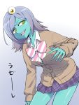  1girl bow cardigan doriyamatsurugi eyeball green_skin highres midori_(uchuu_patrol_luluco) plaid plaid_skirt pleated_skirt ringed_eyes school_uniform sharp_teeth silver_hair skirt solo teeth uchuu_patrol_luluco yellow_eyes 