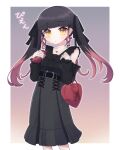 1girl bag bangs beatmania beatmania_iidx belt belt_buckle black_belt black_hair black_ribbon black_shirt black_skirt black_sleeves breasts buckle cellphone center_frills character_request collared_shirt commentary_request detached_sleeves dress frills gradient gradient_background hair_ribbon handbag heart-shaped_bag high-waist_skirt highres holding holding_phone jewelry long_hair long_sleeves looking_at_viewer multicolored_hair parted_lips phone pink_hair puffy_long_sleeves puffy_sleeves rensei ribbon shirt skirt sleeveless sleeveless_shirt sleeves_past_wrists small_breasts solo standing translation_request twintails two-tone_hair very_long_hair yellow_eyes