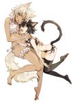  2girls animal_ears bare_legs barefoot bell bell_choker black_bra black_hair black_legwear black_panties blush bra cat_ears cat_lingerie cat_tail choker cleavage_cutout dark_skin fang green_eyes hair_between_eyes hand_on_another&#039;s_shoulder inzup jingle_bell leg_garter multiple_girls navel open_mouth original panties paw_print short_hair side-tie_panties silver_hair simple_background small_breasts string_panties tail thigh-highs underwear underwear_only white_background white_bra white_panties yellow_eyes 