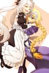  2girls ;) ^_^ ^o^ apron armor armored_dress black_bow black_dress black_legwear black_shoes blue_dress blue_eyes blush bow braid closed_eyes dress eyebrows eyebrows_visible_through_hair fate/grand_order fate_(series) gauntlets hair_bow hands_on_another&#039;s_shoulders head_tilt headpiece hug juliet_sleeves jumping long_hair long_sleeves low-tied_long_hair maid_apron maid_headdress marie_antoinette_(fate/grand_order) multiple_girls oiun one_eye_closed ponytail puffy_sleeves ruler_(fate/apocrypha) sheath sheathed shoes simple_background single_braid sleeve_cuffs smile standing sword thigh-highs two-tone_background very_long_hair weapon white_apron white_hair zettai_ryouiki 