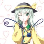  1girl commentary_request dress extra_eyes finger_to_mouth green_collar green_eyes green_hair hat hat_ribbon heart heart-shaped_pupils heart_background heart_of_string komeiji_koishi long_sleeves looking_at_viewer one_eye_closed ribbon smile solo suzuki_sakura symbol-shaped_pupils third_eye touhou wide_sleeves 