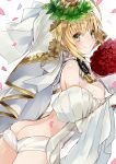  1girl ahoge ass bare_shoulders blonde_hair blush bouquet breasts cleavage dress fate/extra fate/extra_ccc fate_(series) flower green_eyes hair_intakes highres jewelry kou_mashiro lock looking_at_viewer necklace padlock petals ponytail saber_bride saber_extra shiny shiny_skin smile solo 