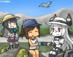  3girls air_defense_hime backpack bag binoculars black_boots black_hair boots brown_hair commentary cross-laced_footwear dated dress food gloves hamu_koutarou hat i-401_(kantai_collection) kantai_collection lace-up_boots long_hair mountain multicolored_hair multiple_girls naganami_(kantai_collection) onigiri open_mouth ponytail red_eyes school_uniform shinkaisei-kan short_ponytail sleeveless sleeveless_dress swimsuit swimsuit_under_clothes white_blouse white_hair 