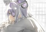  1girl :o backlighting black_border blush border eyepatch from_side glowing grey_shirt head_rest indoors isshiki_(ffmania7) kantai_collection long_sleeves parted_lips purple_hair shirt short_hair sketch solo tenryuu_(kantai_collection) window work_in_progress yellow_eyes 