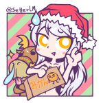  1girl blitzen blush_stickers covering covering_breasts crossed_arms eve_santaclaus eyebrows eyebrows_visible_through_hair food fruit hat idolmaster idolmaster_cinderella_girls long_hair nose_bubble nude open_hand orange reindeer santa_hat setter_(seven_stars) sweatdrop tongue tongue_out twitter_username white_hair yellow_eyes 