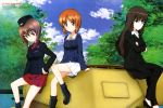  3girls absurdres brown_eyes brown_hair clouds crossed_arms garrison_cap girls_und_panzer hand_on_hip hat highres itou_takeshi military military_vehicle multiple_girls nishizumi_maho nishizumi_miho nishizumi_shiho official_art panzerkampfwagen_ii parent parent_and_child siblings sitting sky smile tank uniform vehicle 
