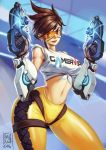  1girl breasts brown_eyes brown_hair contrapposto dual_wielding gloves gun handgun karla_diaz_castro lips looking_at_viewer navel overwatch pants pistol raised_eyebrow shirt short_hair signature smile solo tank_top thighs tied_shirt tight tight_pants tracer_(overwatch) weapon wide_hips 