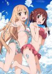  2girls :d :o bangs bare_shoulders barefoot bikini bikini_skirt blue_bikini blue_sky blush breasts brown_eyes brown_hair day doma_umaru dot_nose ebina_nana eyebrows_visible_through_hair foreshortening frilled_bikini frills from_side furrowed_brow hair_between_eyes hands_up highres himouto!_umaru-chan kantoku large_breasts leg_up light_brown_hair long_hair looking_at_viewer medium_breasts medium_hair miniskirt multicolored_bikini multicolored_clothes multiple_girls navel open_mouth outdoors outstretched_arm reaching_out red_bikini shiny shiny_hair sidelocks skirt sky smile standing standing_on_one_leg striped striped_bikini swimsuit thighs tongue two_side_up very_long_hair wading water water_drop wavy_mouth white_bikini 