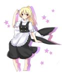  1girl alternate_hairstyle apron bare_legs blonde_hair blush bow cheunes full_body hat hat_bow hat_removed headwear_removed highres kirisame_marisa puffy_short_sleeves puffy_sleeves short_sleeves smile solo star touhou waist_apron white_bow witch_hat yellow_eyes 