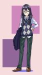  &gt;:/ 1girl argyle argyle_sweater black_eyes black_hair blush braid coat collared_shirt dress_shirt full_body green_pants hand_on_hip haruko_(halife) loafers long_hair original pants shirt shoes solo standing sweater sweater_vest twin_braids white_shirt wing_collar 