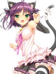  1girl ahoge animal_ears bare_shoulders bell bell_choker black_ribbon blush cat_ears cat_hair_ornament cat_tail choker commentary_request detached_sleeves extra_ears fangs green_eyes hair_ornament hair_ribbon hairclip highres moeki_yuuta open_mouth original purple_hair ribbon short_hair simple_background skirt smile solo striped striped_legwear tail tail_ribbon thigh-highs twintails white_background 