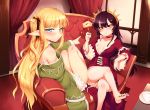  2girls :t absurdres bare_legs barefoot black_hair black_nails black_sclera blonde_hair blush cake choker crossed_legs dress eating elf fang_out fingernails food frills hair_between_eyes hair_over_breasts hair_ribbon headgear highres indoors long_hair m-da_s-tarou multiple_girls nail_polish navel pointing pointy_ears reclining red_dress ribbon sharp_fingernails sharp_toenails short_dress sidelocks sleeves_past_wrists small_breasts tail tanaka_the_wizard toenail_polish two_side_up wide_sleeves yellow_eyes 