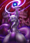  arm_up artist_name blue_eyes electricity energy_ball highres horns mega_mewtwo_x mega_mewtwo_y mega_pokemon mewtwo no_humans pokemon pokemon_(creature) red_eyes tail toni_hoang_nguyen violet_eyes watermark 