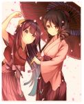  2girls brown_eyes brown_hair drill_hair harukaze_(kantai_collection) highres japanese_clothes kamikaze_(kantai_collection) kantai_collection kimono koruta_(nekoimo) long_hair multiple_girls oriental_umbrella purple_hair smile umbrella violet_eyes 