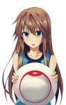  1girl bare_shoulders blue_(pokemon) blue_eyes brown_hair collarbone hair_between_eyes hat hat_removed headwear_removed highres holding holding_hat long_hair looking_at_viewer open_mouth pokemon pokemon_special redpoke sleeveless solo 