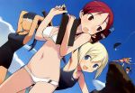  5girls absurdres animal_ears arm_up armpits arms_up ass_visible_through_thighs bikini bikini_shorts black_hair blindfold blonde_hair blue_eyes blue_sky breasts charlotte_e_yeager cleavage clipboard coca-cola erica_hartmann fang fish fishing_rod francesca_lucchini from_below front-tie_bikini front-tie_top hair_between_eyes highres minna-dietlinde_wilcke multiple_girls navel outdoors pen ponytail red_bikini red_eyes sakamoto_mio scan school_swimsuit shimada_fumikane short_hair sky small_breasts strike_witches suikawari sweatdrop swimsuit twintails under_boob white_bikini 