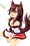  +_+ 1girl animal_ears bone breasts brooch brown_hair cleavage collarbone dress fang hasu_(lausdys) highres imaizumi_kagerou jewelry long_sleeves looking_up open_mouth red_eyes simple_background sitting solo tail tail_wagging touhou white_background wide_sleeves wolf_ears wolf_tail 