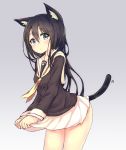  1girl animal_ears black_hair blue_eyes cat_ears cat_tail character_request copyright_request hair_between_eyes haishiki long_hair looking_at_viewer neckerchief pleated_skirt school_uniform serafuku simple_background skirt skirt_tug solo tail 
