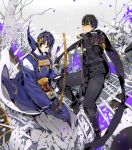  2boys armor black_gloves black_hair blue_eyes blue_hair doudanuki_masakuni emje_(uncover) gloves highres japanese_armor japanese_clothes katana male_focus mikazuki_munechika multiple_boys petals sayagata scar scarf skeleton smile sode sword touken_ranbu tree weapon yellow_eyes 