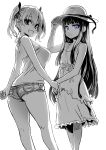  2girls asanagi blue_eyes bow breasts denim denim_shorts dress fang greyscale hair_bow hat highres hime_cut large_breasts long_hair looking_at_viewer monochrome multiple_girls short_shorts shorts smile spot_color straw_hat twintails 