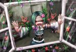  1girl :d closed_eyes corset cross cyclops detached_sleeves flower green_hair hair_flower hair_ornament hairclip heart lotus_(ray-k) one-eyed open_mouth open_window original outstretched_arms plant ray-k ribbon short_hair smile solo spread_arms vines window 