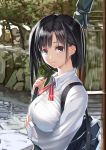  1girl bag black_eyes black_hair breasts character_request coffee_cat dress_shirt large_breasts looking_at_viewer school_bag school_uniform shirt smile solo white_shirt 