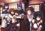  6+girls :d ^_^ akatsuki_(kantai_collection) artist_name black_gloves black_hair black_legwear blue_eyes breasts brown_eyes brown_hair closed_eyes eating elbow_gloves eyepatch fang fingerless_gloves food gloves hair_between_eyes hair_ornament hairclip hat headgear hibiki_(kantai_collection) ice_cream ikazuchi_(kantai_collection) inazuma_(kantai_collection) indoors kantai_collection kneehighs large_breasts long_hair mamiya_(kantai_collection) miniskirt mouth_hold multiple_girls nagato_(kantai_collection) necktie open_mouth pantyhose pleated_skirt purple_hair sameda_koban scan school_uniform serafuku short_hair silver_hair sitting skirt sleeves_past_wrists smile source_request spoon sweatdrop tenryuu_(kantai_collection) thigh-highs yellow_eyes 