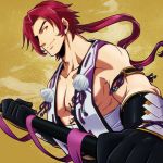  1boy holding holding_weapon japanese_clothes light_smile looking_at_viewer male_focus muscle nipples pink_hair pom_pom_(clothes) ponytail ribbon shima_deadstock smile tonbokiri_(touken_ranbu) touken_ranbu upper_body 