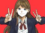  1girl blue_eyes brown_hair double_v dress_shirt hiro_(chumo) jacket long_hair open_clothes open_jacket red_background shirt simple_background smile solo v white_shirt 