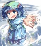  1girl :d backpack bag blue_eyes blue_hair boots dress dress_shirt hair_bobbles hair_ornament hat kawashiro_nitori key leaf long_sleeves looking_at_viewer monosenbei open_mouth pocket pond ripples rubber_boots shirt short_dress short_hair skirt skirt_set smile solo touhou two_side_up water water_drop 