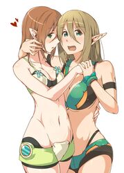  2girls aqua_eyes arm_around_neck armband blonde_hair blush bracelet breasts brown_hair cleavage cowboy_shot green_eyes groin heart holding_hands jewelry large_breasts looking_at_viewer midriff multiple_girls navel open_mouth patty_(pso2) phantasy_star phantasy_star_online_2 pointy_ears short_hair swimsuit tiea tokiwa_mmm white_background 