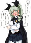  1girl anchovy belt black_necktie black_skirt blush breast_hold breasts cape commentary_request contrapposto cowboy_shot drill_hair emblem girls_und_panzer green_hair hair_ribbon long_hair long_sleeves looking_at_viewer miniskirt necktie nose_blush open_mouth pantyhose pleated_skirt poshi_(ginmokusei) red_eyes ribbon school_uniform shirt skirt solo translation_request tsurime twin_drills twintails white_legwear white_shirt 