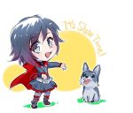  1girl black_boots black_dress black_hair boots cape commentary cross-laced_footwear dog dress english frilled_dress frills gradient_hair grey_eyes iesupa lace-up_boots multicolored_hair red_cape redhead ruby_rose rwby short_hair tongue tongue_out two-tone_hair welsh_corgi zwei_(rwby) 