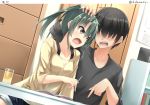  &gt;:o 1boy 1girl :o artist_name black_hair book bookshelf chest_of_drawers collarbone commentary door drawer drink eraser eyebrows eyebrows_visible_through_hair glass green_eyes green_hair hair_over_eyes hair_ribbon hair_tousle hashtag hino_(2nd_life) indoors kantai_collection liquid long_sleeves number open_book paper pointing_finger ribbon shaded_face short_hair studying sweater table twintails white_ribbon zuikaku_(kantai_collection) 