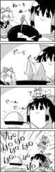  0_0 1girl 4koma ? bag bow bowl chopsticks comic commentary cooking frying_pan greyscale hair_bow hair_ribbon hair_tubes hakurei_reimu highres medicine_melancholy minigirl monochrome open_mouth pan popcorn pouring ribbon shirt skirt smile tani_takeshi touhou translated wavy_mouth yukkuri_shiteitte_ne 