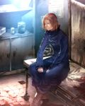  1boy bed blonde_hair blood blue_jacket bookshelf boots facial_hair highres hospital hospital_bed in_container jacket jar short_hair silent_hill_4 sitting smile solo sunakumo trench_coat walter_sullivan 
