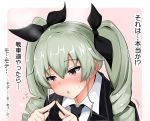  1girl :o anchovy black_bow black_necktie black_ribbon blush bow cape commentary drill_hair fidgeting fingers_together flying_sweatdrops girls_und_panzer green_hair hair_bow long_hair looking_away necktie nose_blush pink_background poshi_(ginmokusei) red_eyes ribbon school_uniform shirt solo sweat tareme translated twin_drills twintails upper_body white_shirt 