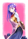  1girl apron arms_behind_back blush breasts coffee_cat fate/stay_night fate_(series) from_side hair_ribbon long_hair looking_at_viewer matou_sakura purple_hair ribbon school_uniform smile solo tray violet_eyes 