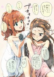  2girls alternate_hairstyle bathing blush brown_hair green_eyes hair_dryer hairdressing haru_(primavera) idolmaster idolmaster_2 long_hair messy_hair minase_iori multiple_girls naked_towel one_eye_closed orange_hair pink_eyes shared_bathing smile takatsuki_yayoi towel wet wet_hair 