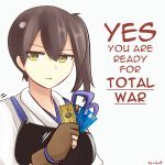  1girl artist_name brown_hair credit_card english expressionless gloves kaga_(kantai_collection) kantai_collection mastercard muneate partly_fingerless_gloves rexlent side_ponytail solo upper_body yellow_eyes 