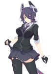  1girl black_gloves black_legwear breasts buttons cardigan checkered checkered_necktie eyepatch gloves headgear kantai_collection looking_at_viewer necktie purple_hair school_uniform short_hair skirt sword tenryuu_(kantai_collection) thigh-highs weapon yellow_eyes zjsstc 