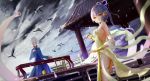  2girls bare_shoulders china_dress chinese_clothes closed_eyes dress long_hair luo_tianyi multiple_girls purple_hair red_eyes short_hair thigh_strap vocaloid vocanese wangchuan_de_quanyan white_hair yanhe 