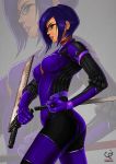  1girl artist_name blue_eyes bodysuit breasts choker earrings from_side glasses jewelry lip_piercing original piercing purple_hair solo sword toni_hoang_nguyen watermark weapon zoom_layer 