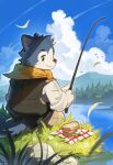  1boy animal_ears back blue_eyes blue_fur bruce_husky clouds cloudy_sky day dog_boy dog_ears dog_tail falling_leaves feet_out_of_frame fishing fishing_rod food furry furry_male highres holding holding_fishing_rod lake leaf looking_back male_focus neckerchief orange_neckerchief outdoors sandwich sitting sky smile solo sylvanian_families syukapong tail two-tone_fur white_fur wind 