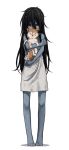  1girl animal animal_hug bare_shoulders barefoot black_hair blue_skin closed_eyes commentary_request dirty dirty_clothes dog enoshito full_body hair_between_eyes long_hair looking_at_viewer orange_eyes shirt simple_background sleeveless standing white_background white_shirt 