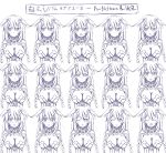  1girl absurdres angry blush braid centon_(736023681) chart closed_eyes crying expression_chart expressions highres long_hair looking_at_viewer monochrome neptune_(choujigen_game_neptune) neptune_(series) open_mouth purple_heart smile solo surprised tears teeth translation_request twin_braids 