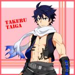  1boy blue_eyes blue_hair character_name hachikou_nameko highres idolmaster idolmaster_side-m jewelry kanji looking_afar male_focus muscle navel necklace open_clothes open_vest red_background scarf simple_background solo spiky_hair taiga_takeru vest 