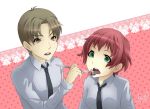  1boy 1girl amputee feeding good_end katawa_shoujo nakai_hisao polka_dot_background redhead school_uniform short_hair tezuka_rin 